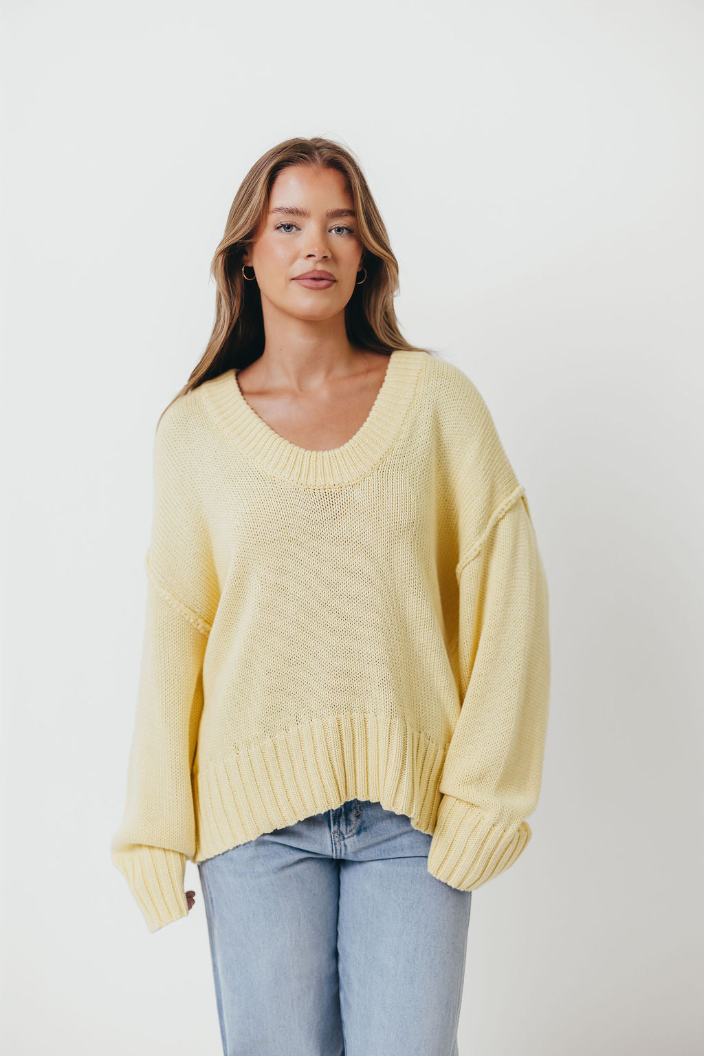 Lola 100% Cotton Scoop Neck Drop Shoulder Knit Sweater in Lemon