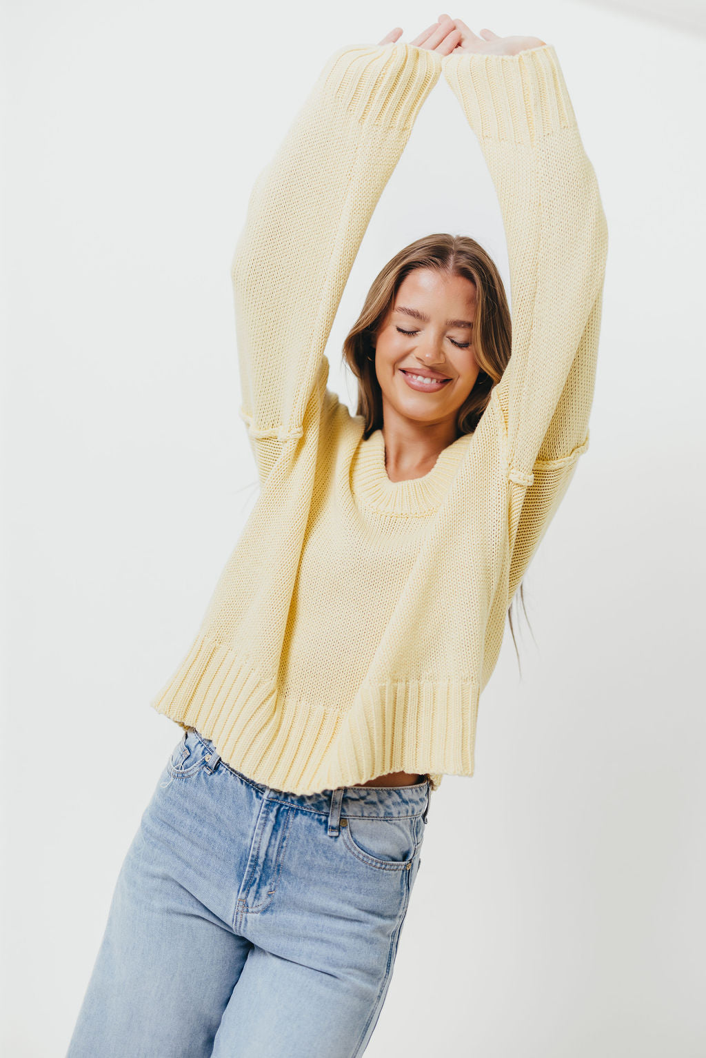 Lola 100% Cotton Scoop Neck Drop Shoulder Knit Sweater in Lemon