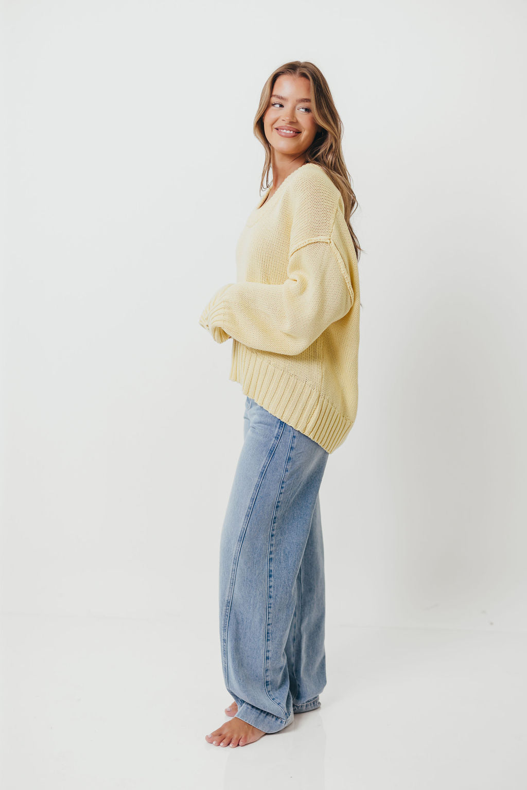 Lola 100% Cotton Scoop Neck Drop Shoulder Knit Sweater in Lemon