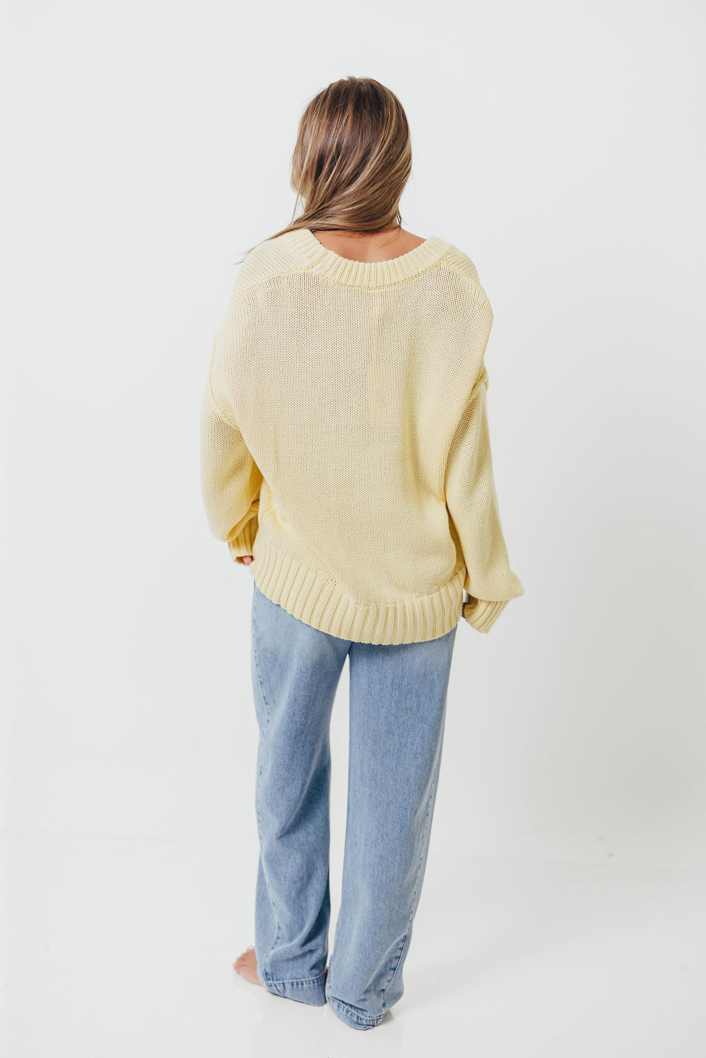 Lola 100% Cotton Scoop Neck Drop Shoulder Knit Sweater in Lemon