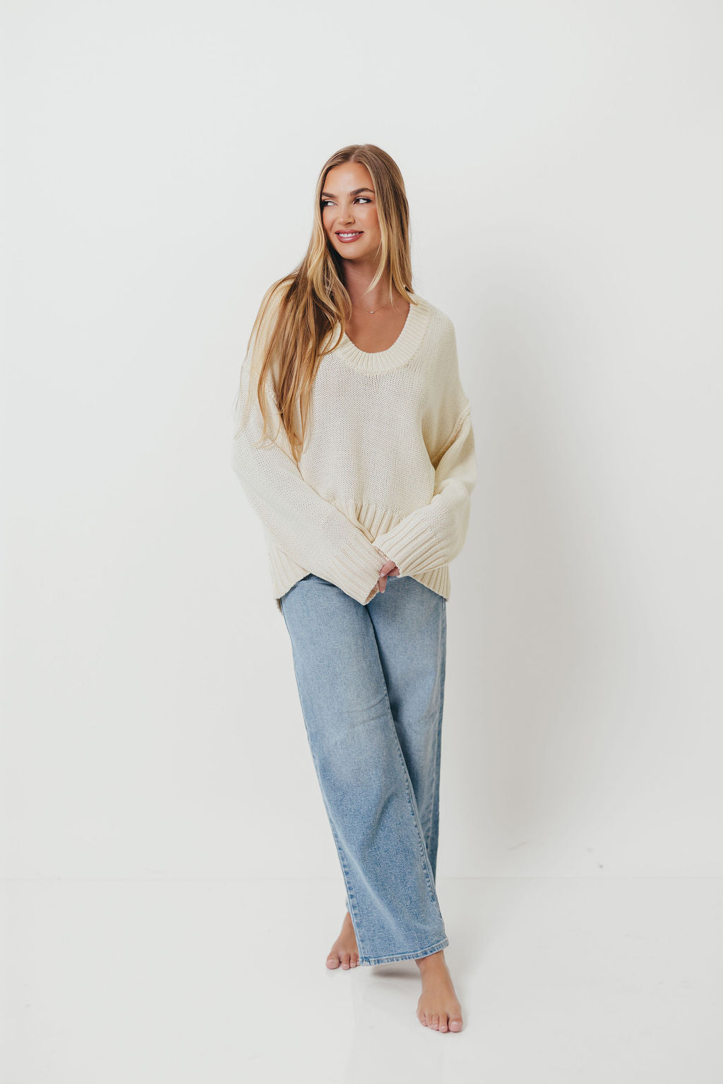 Lola 100% Cotton Scoop Neck Drop Shoulder Knit Sweater in Cream