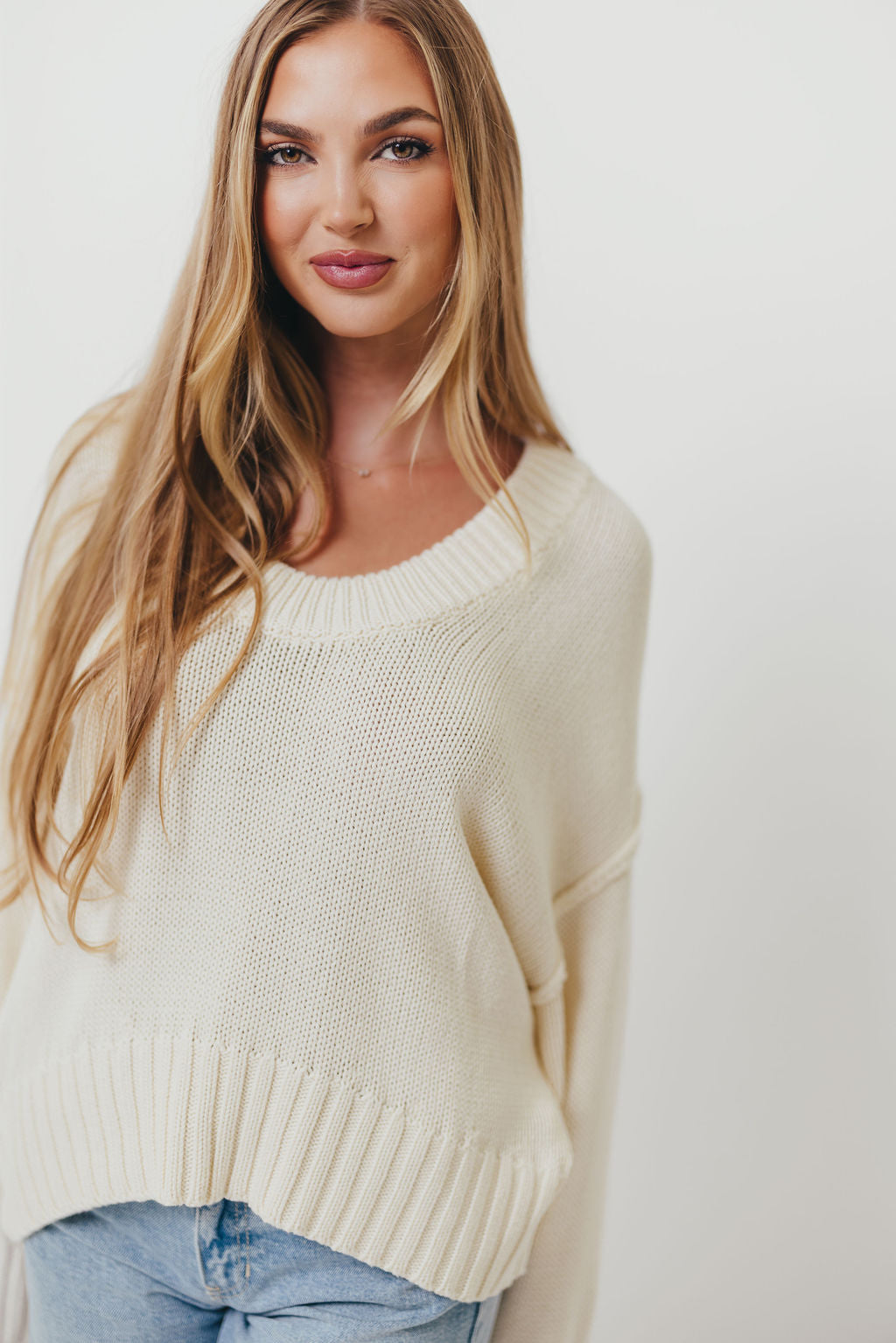 Lola 100% Cotton Scoop Neck Drop Shoulder Knit Sweater in Cream