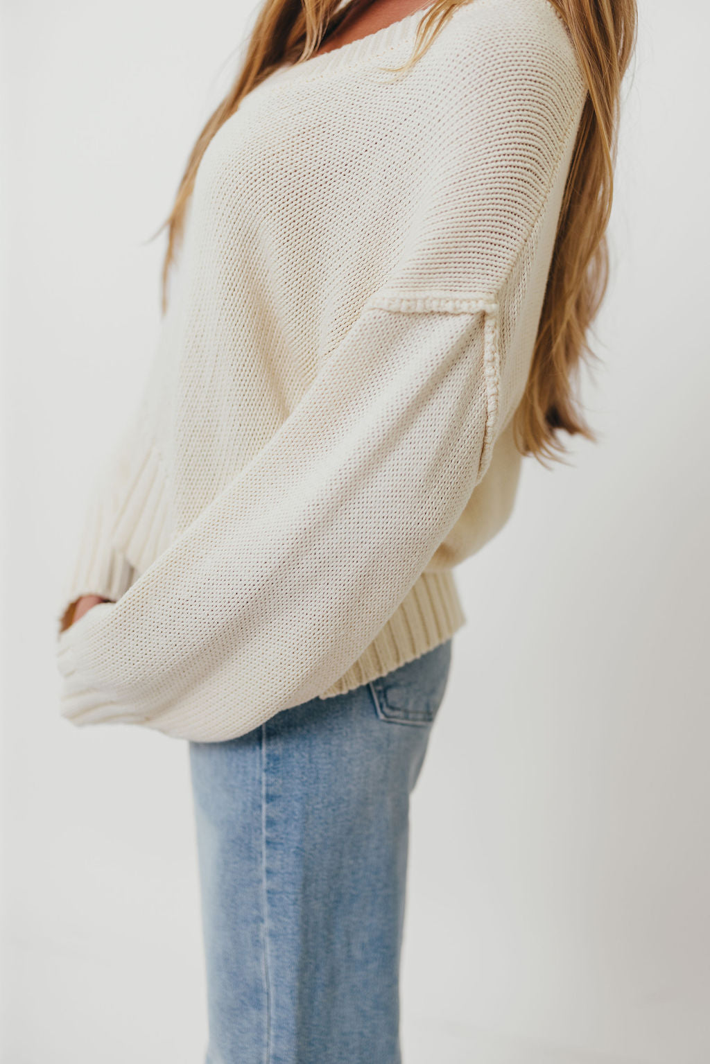 Lola 100% Cotton Scoop Neck Drop Shoulder Knit Sweater in Cream