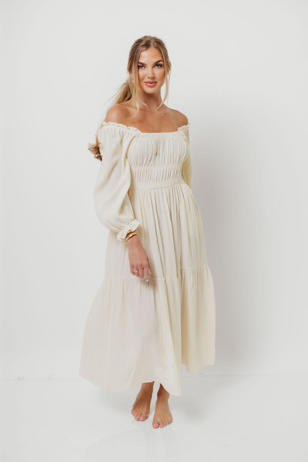Dawn 100% Cotton Gauze Midi Dress in Soy