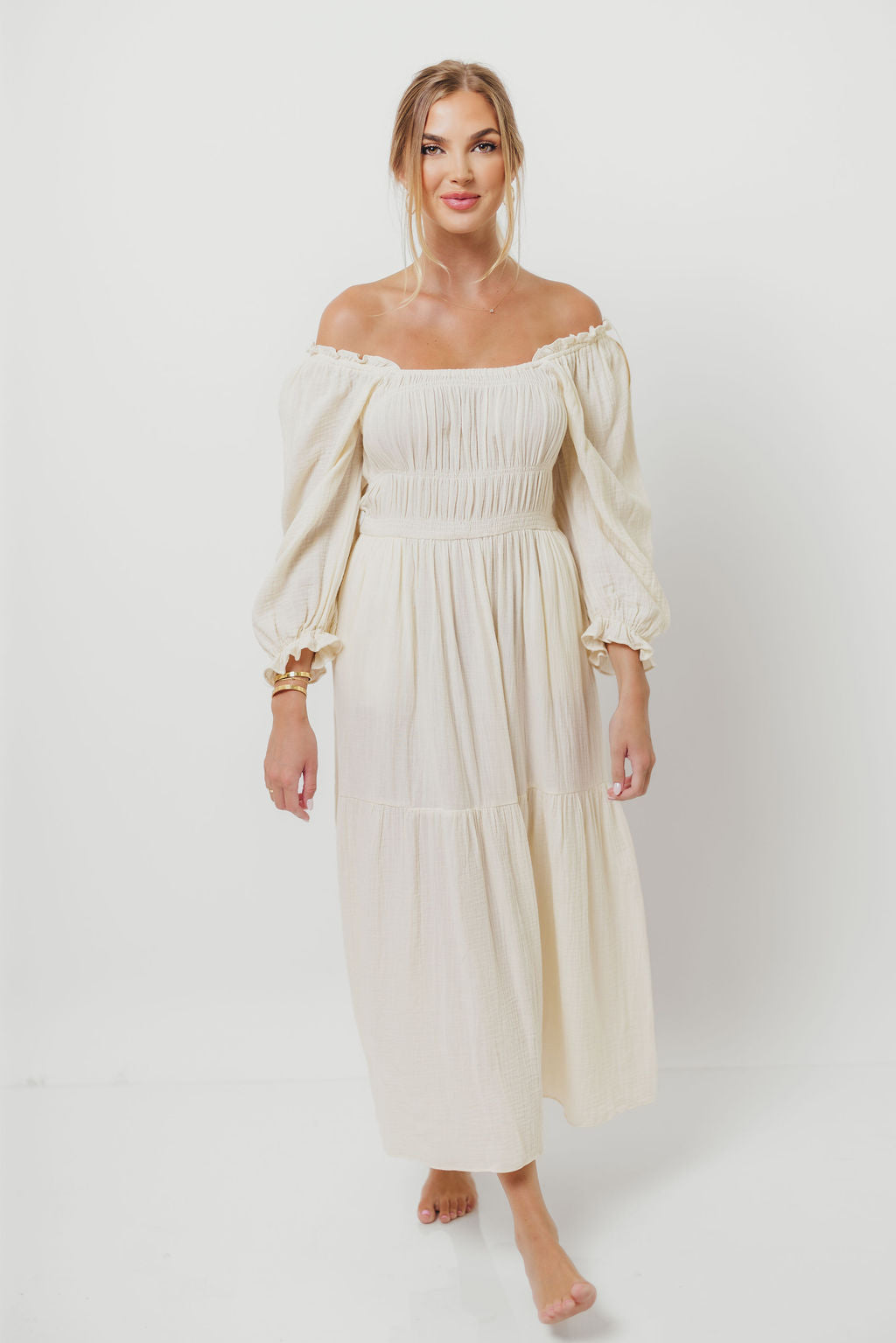 Dawn 100% Cotton Gauze Midi Dress in Soy