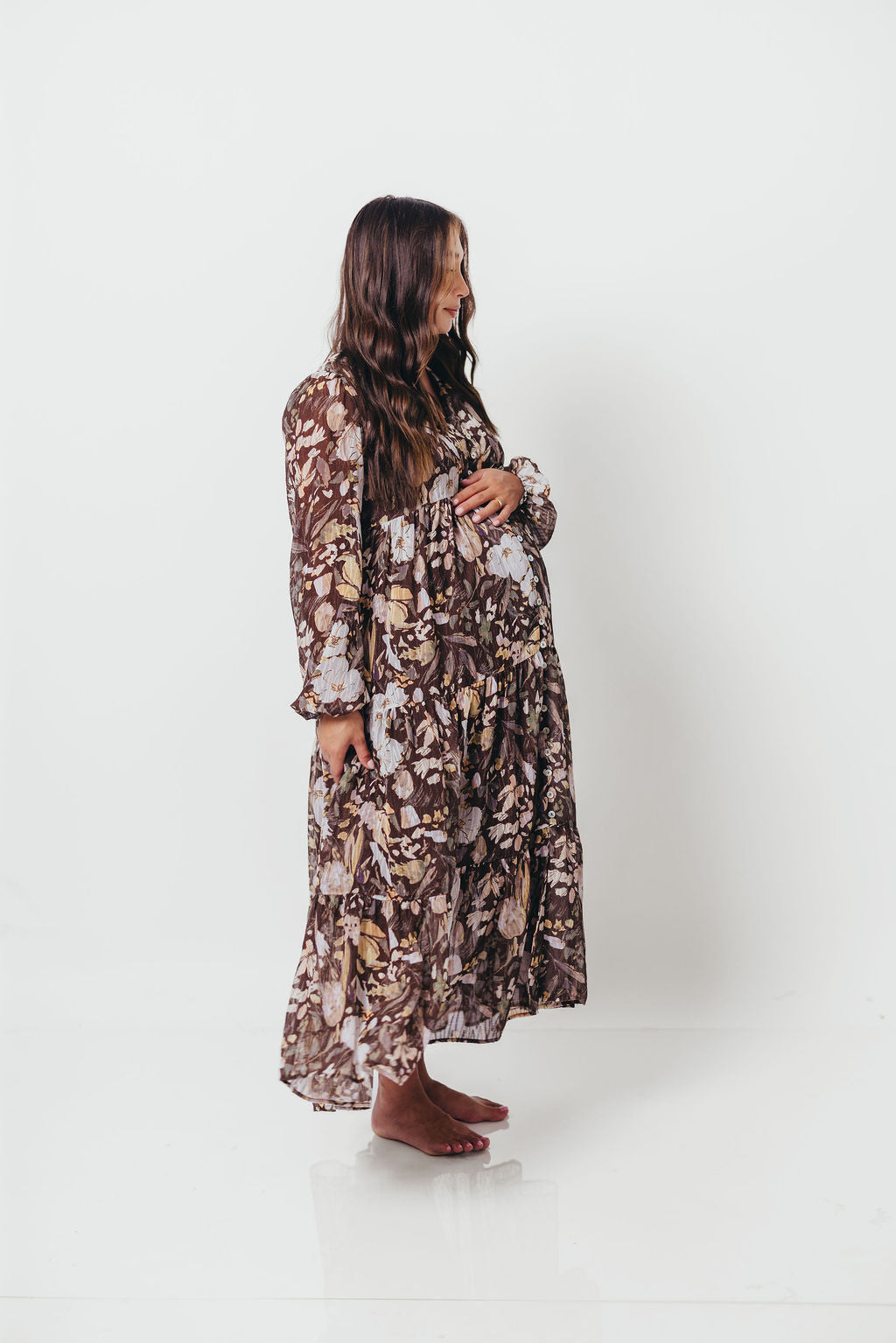 Eve Floral Print Button Front Duster Maxi With Detachable Slip in Brown Multi - Bump Friendly