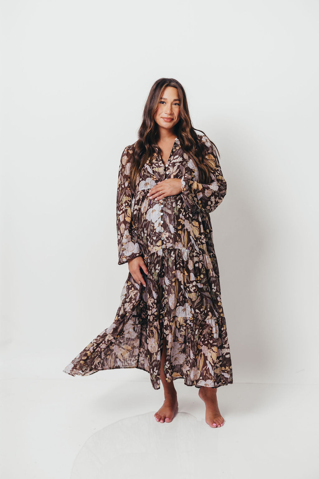 Eve Floral Print Button Front Duster Maxi With Detachable Slip in Brown Multi - Bump Friendly
