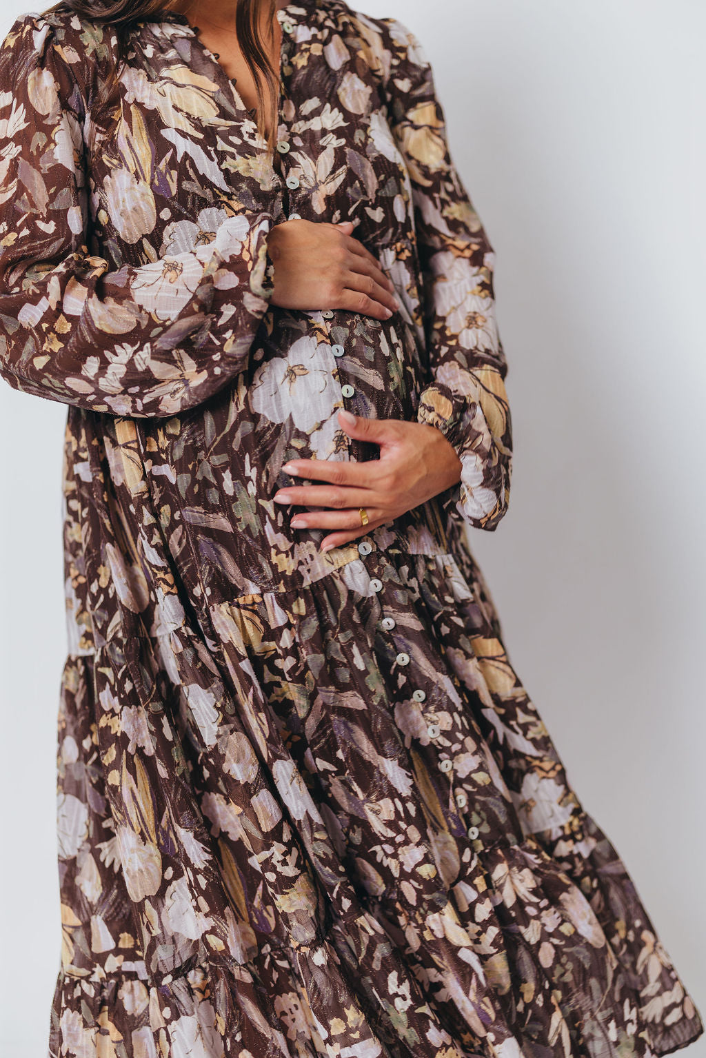 Eve Floral Print Button Front Duster Maxi With Detachable Slip in Brown Multi - Bump Friendly