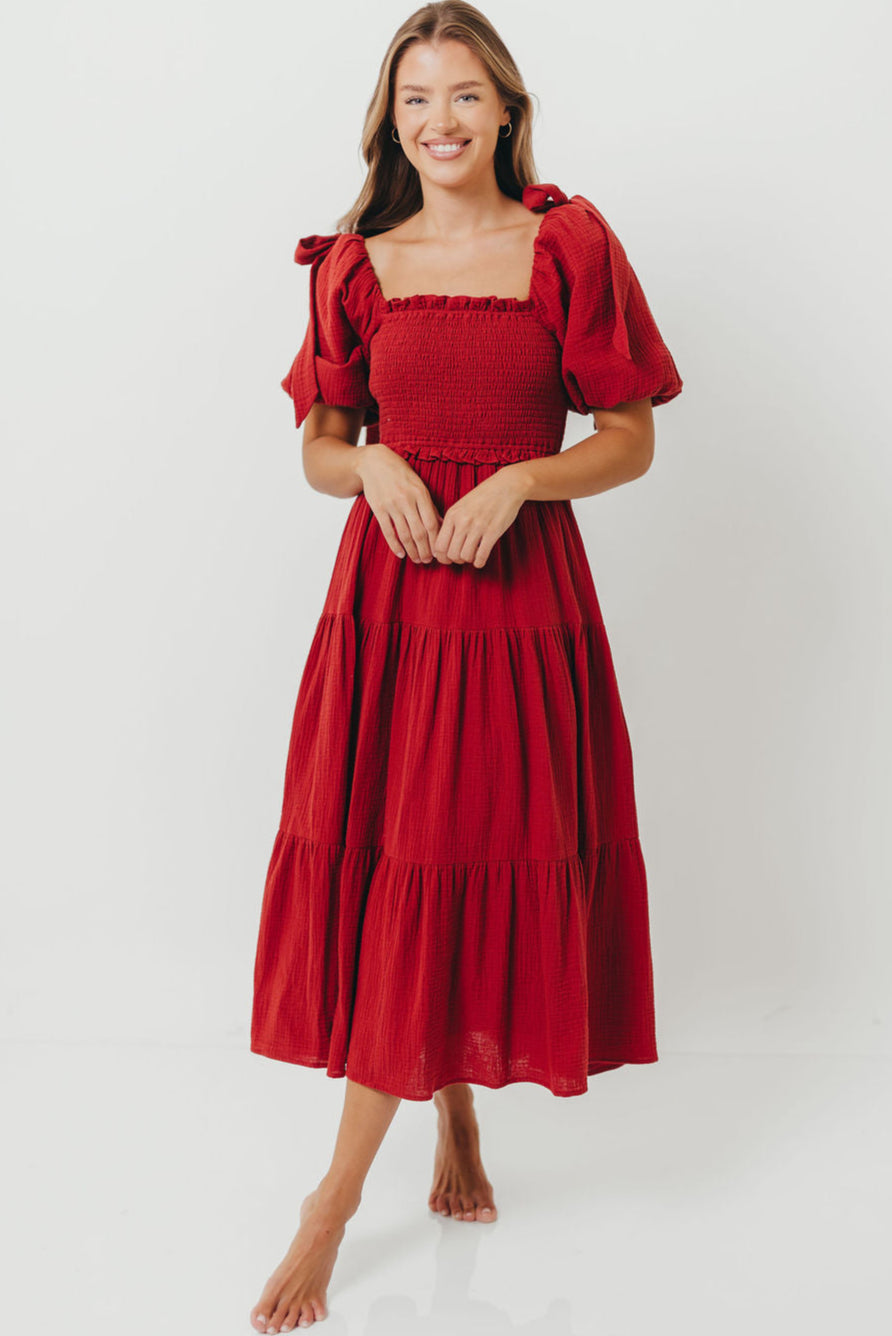 Elena 100% Cotton Smocked Midi Dress in Rust - Bump Friendly