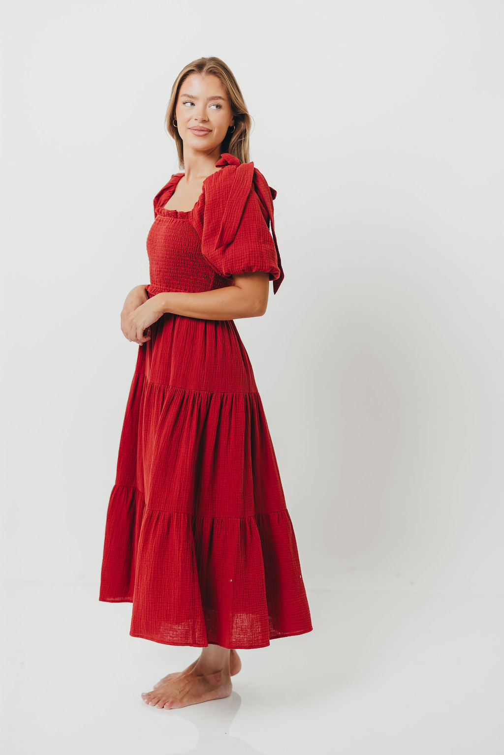 Elena 100% Cotton Smocked Midi Dress in Rust - Bump Friendly
