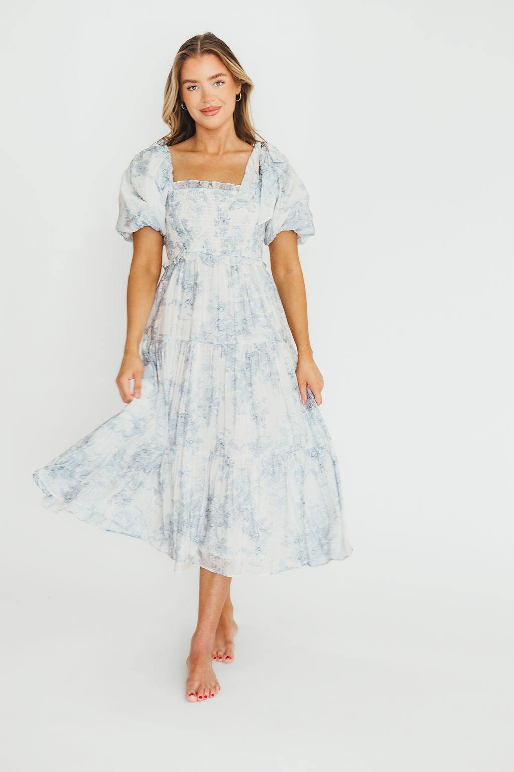 Elena Floral Print Smocked Midi Dress in Blue - Bump Friendly & Inclusive Sizing XS & S Left in Stock) (Restocking Remaining Sizes in Oct)