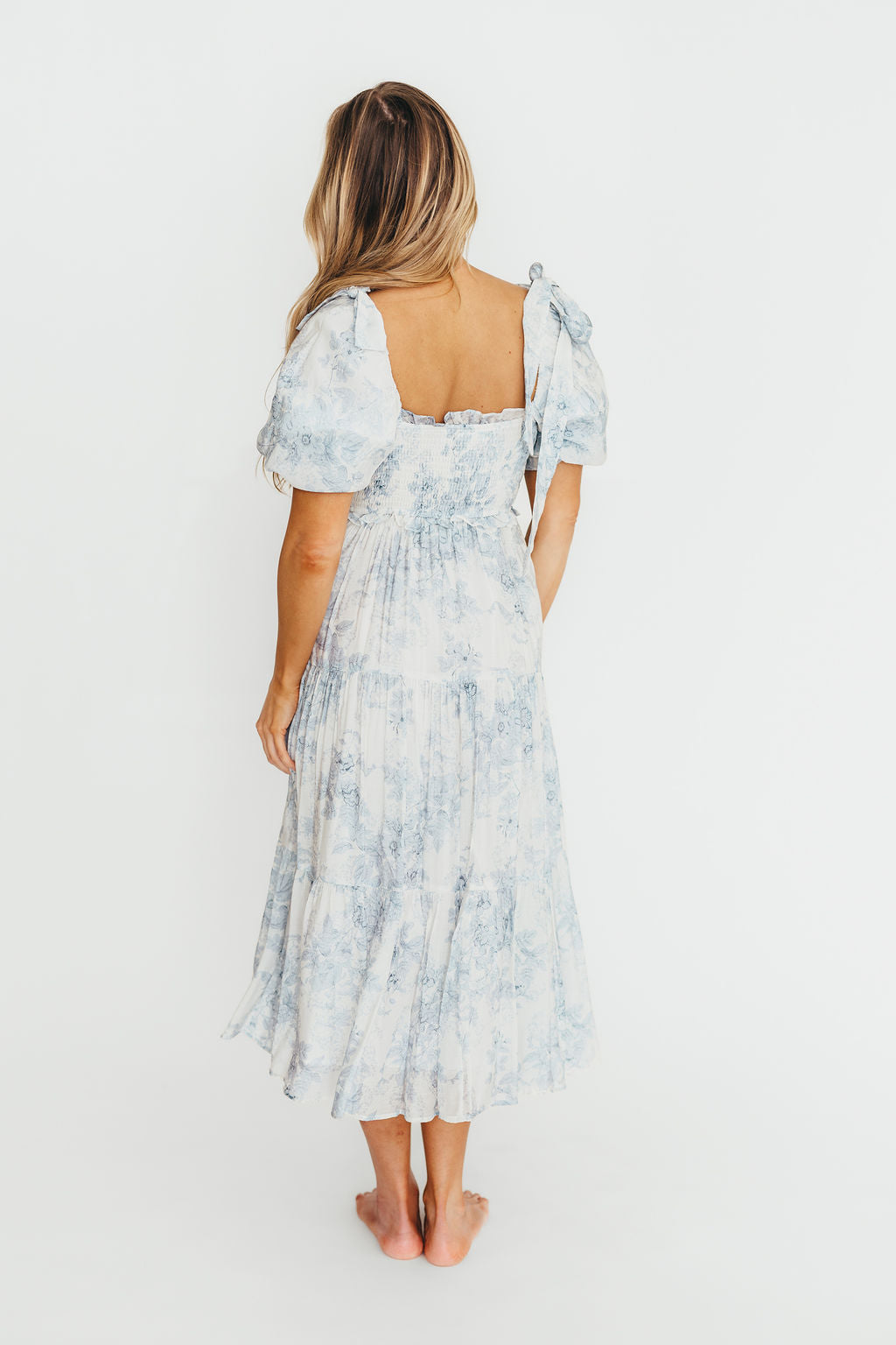 Elena Floral Print Smocked Midi Dress in Blue - Bump Friendly & Inclusive Sizing XS & S Left in Stock) (Restocking Remaining Sizes in Oct)