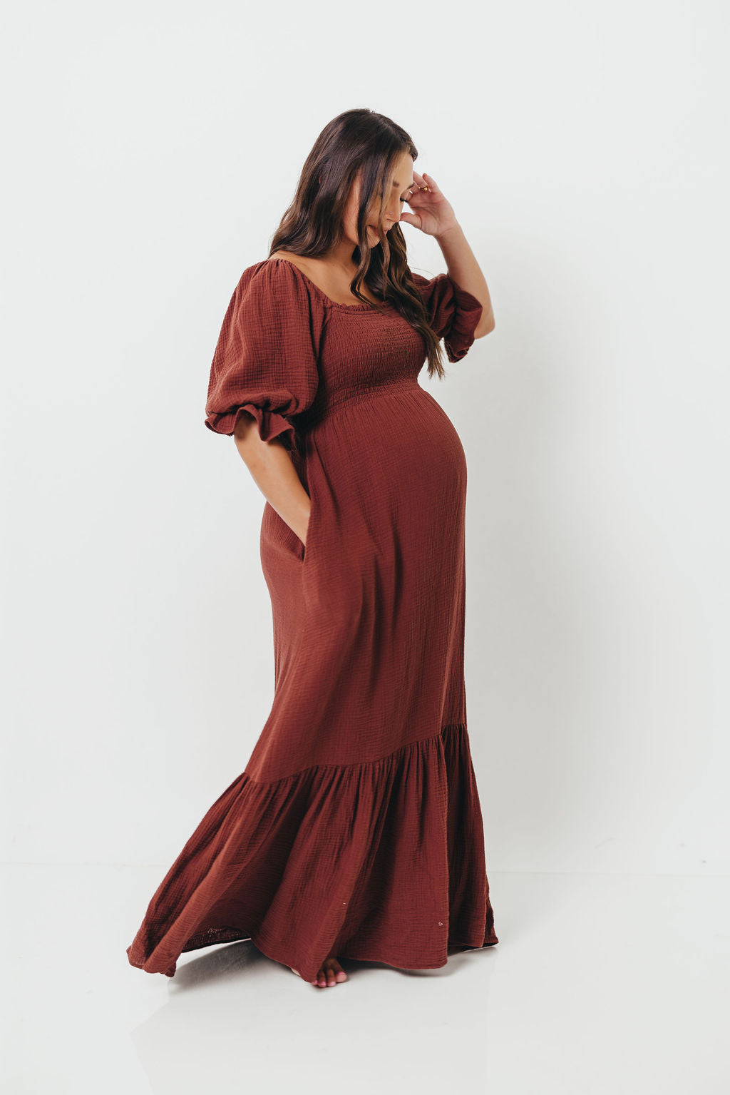 Livvy 100% Cotton Maxi Dress in Rust Brown - Bump Friendly