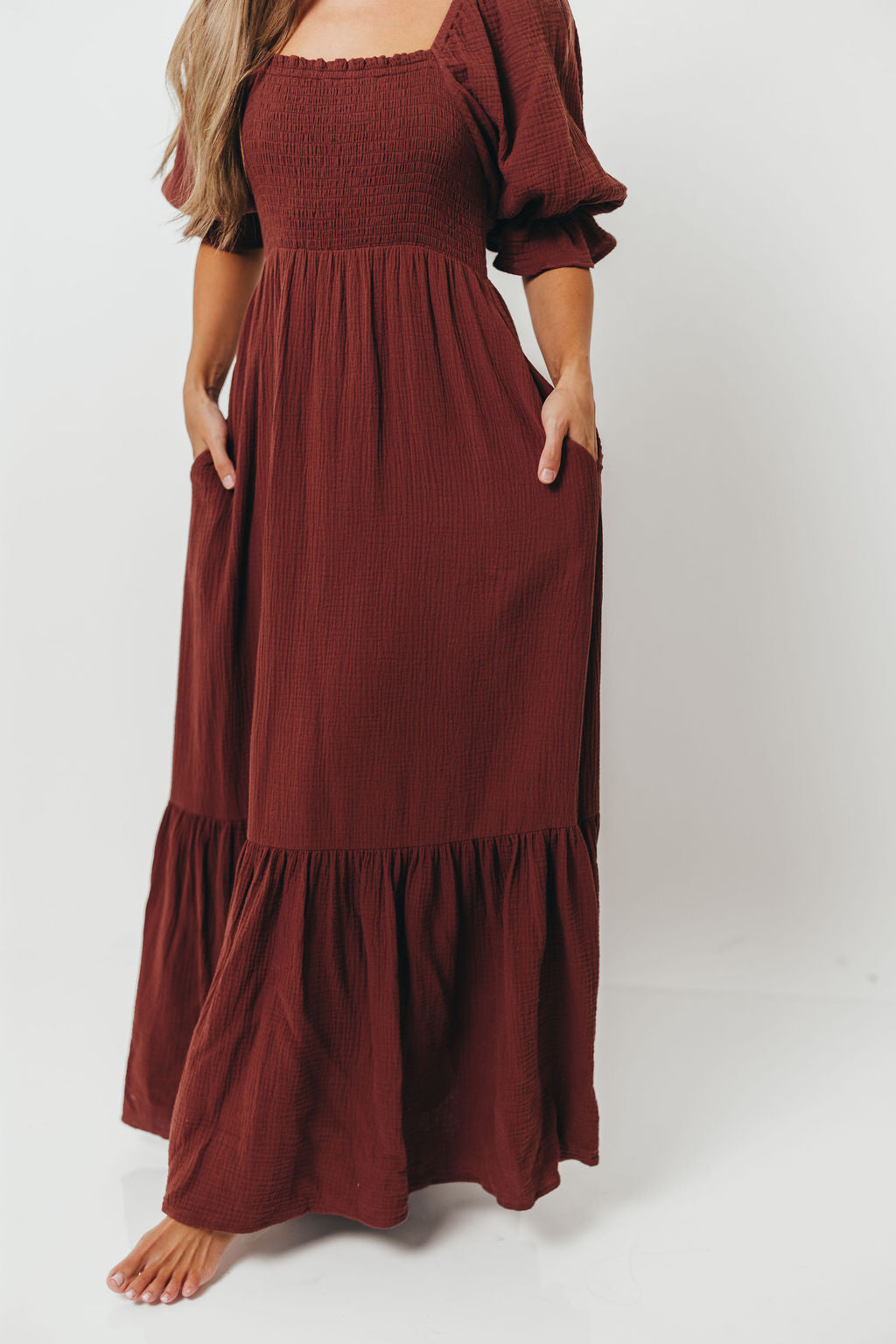 Livvy 100% Cotton Maxi Dress in Rust Brown - Bump Friendly
