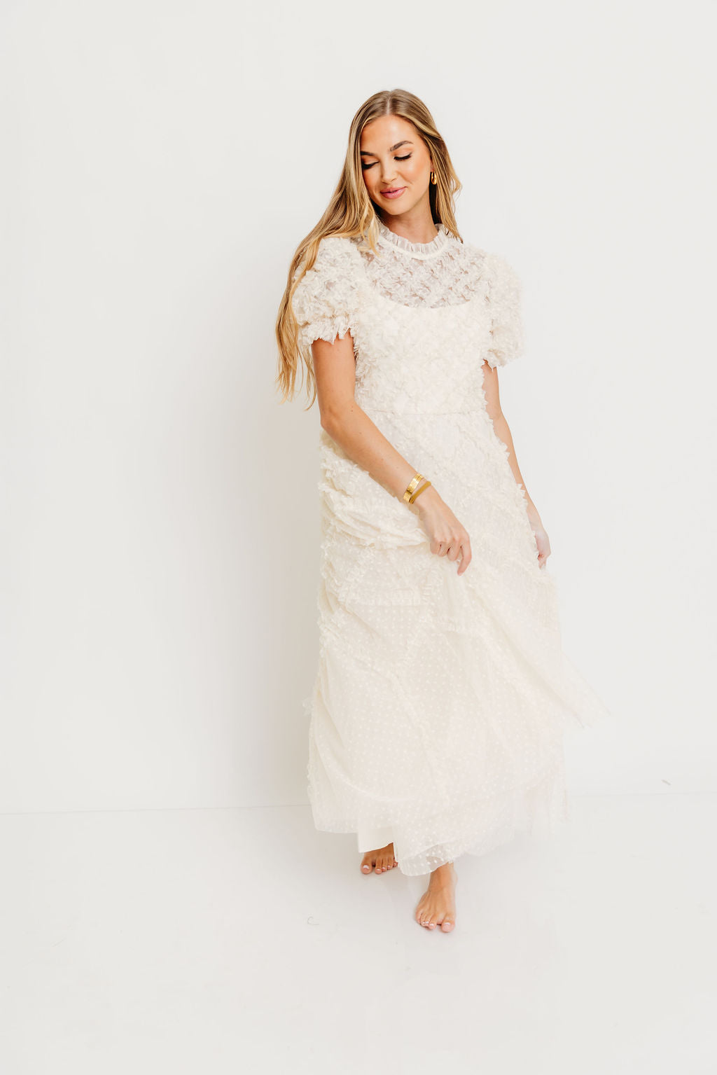 Serena Ruffle Frill Swiss Mesh Maxi Dress in Cream