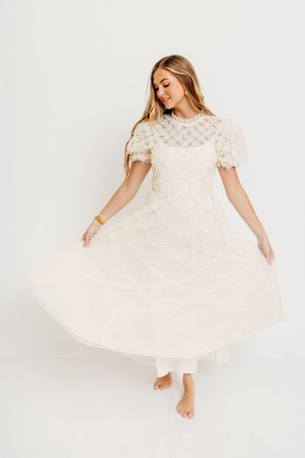 Serena Ruffle Frill Swiss Mesh Maxi Dress in Cream