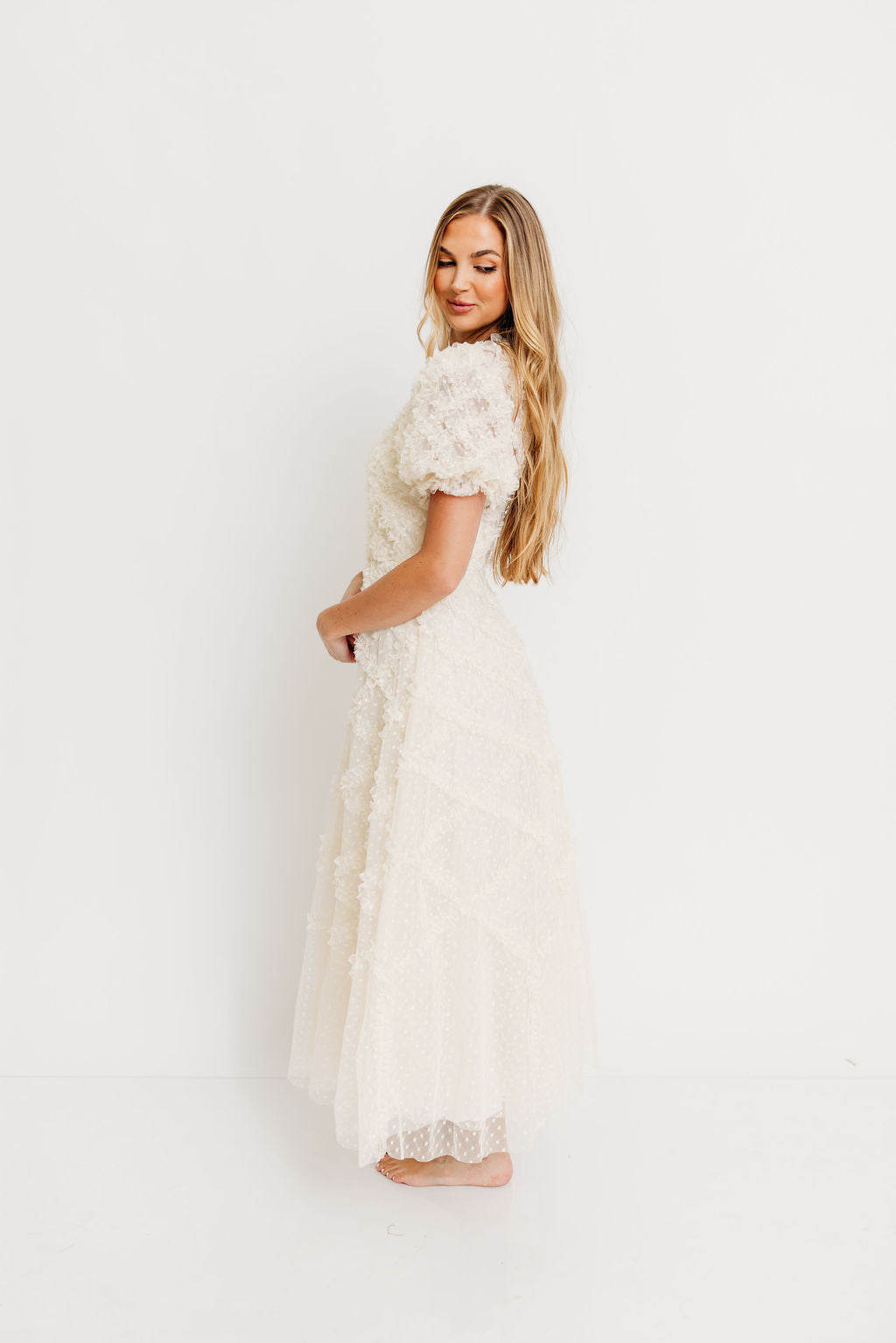 Serena Ruffle Frill Swiss Mesh Maxi Dress in Cream