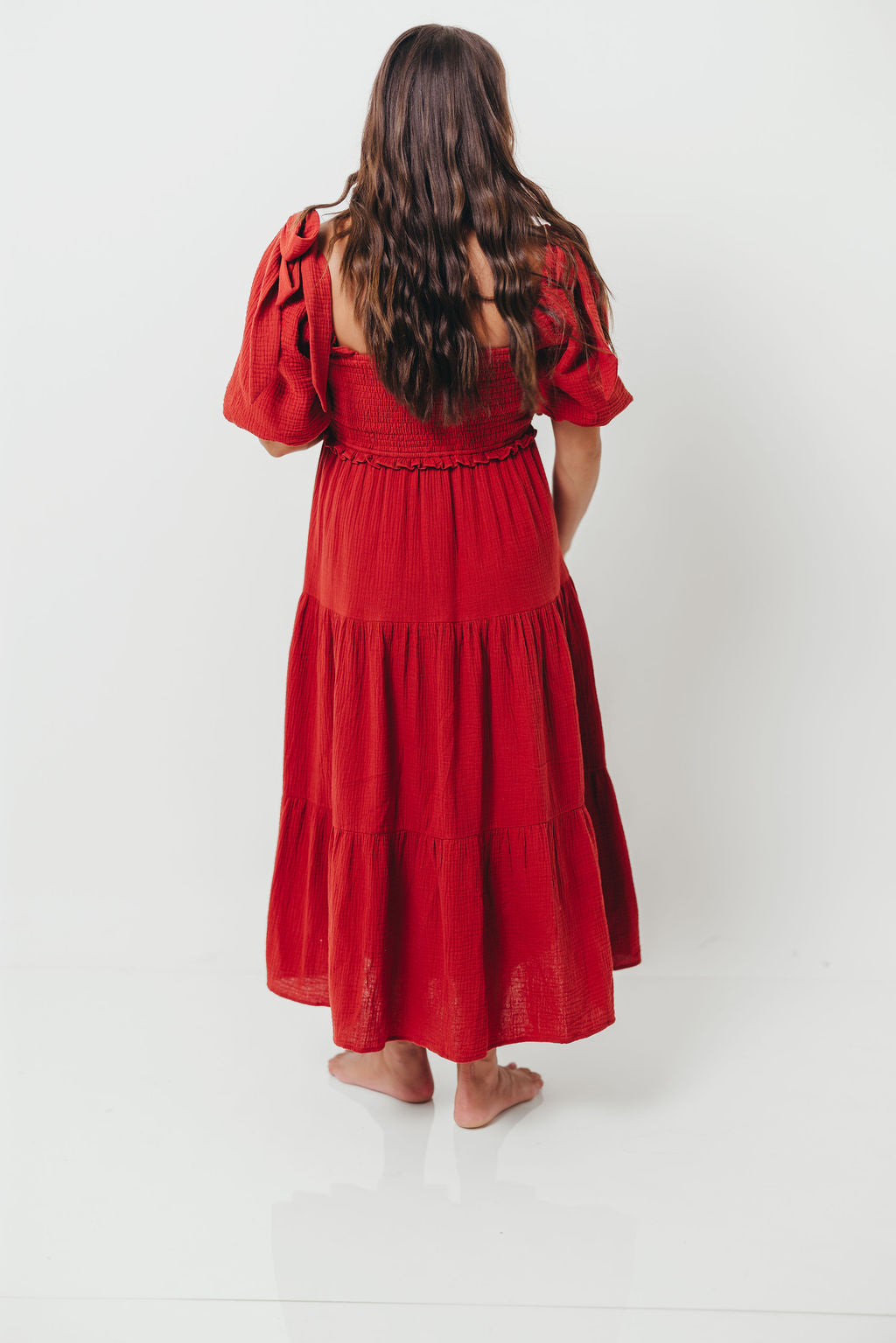 Elena 100% Cotton Smocked Midi Dress in Rust - Bump Friendly