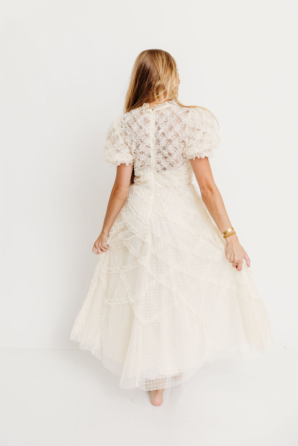 Serena Ruffle Frill Swiss Mesh Maxi Dress in Cream