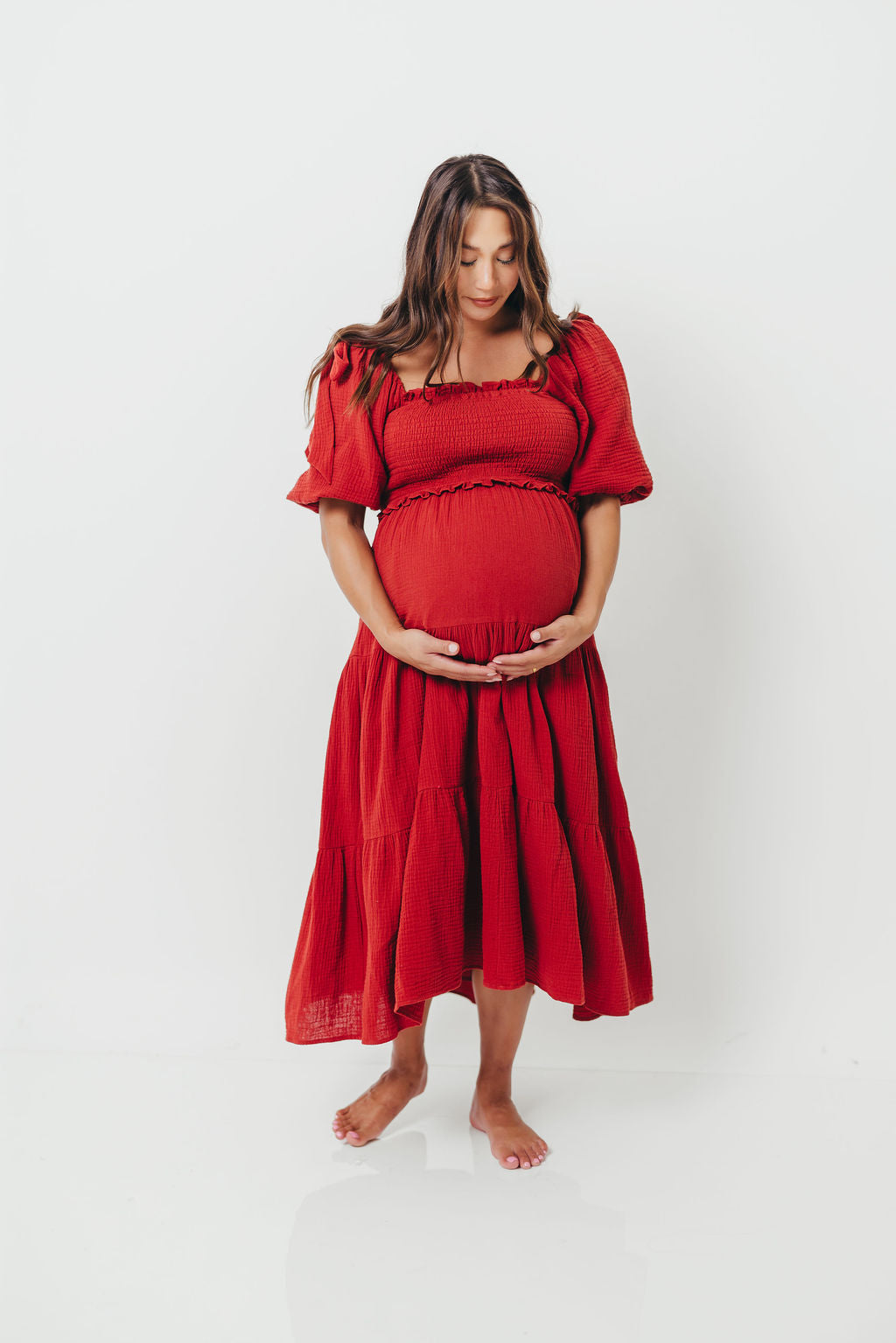 Elena 100% Cotton Smocked Midi Dress in Rust - Bump Friendly