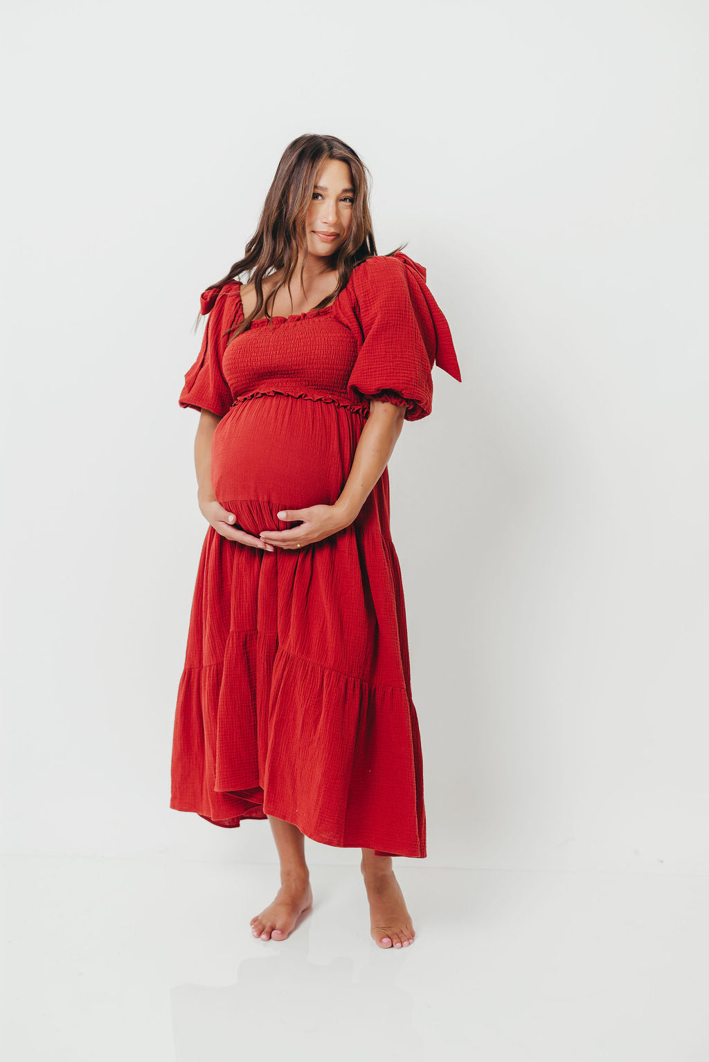 Elena 100% Cotton Smocked Midi Dress in Rust - Bump Friendly