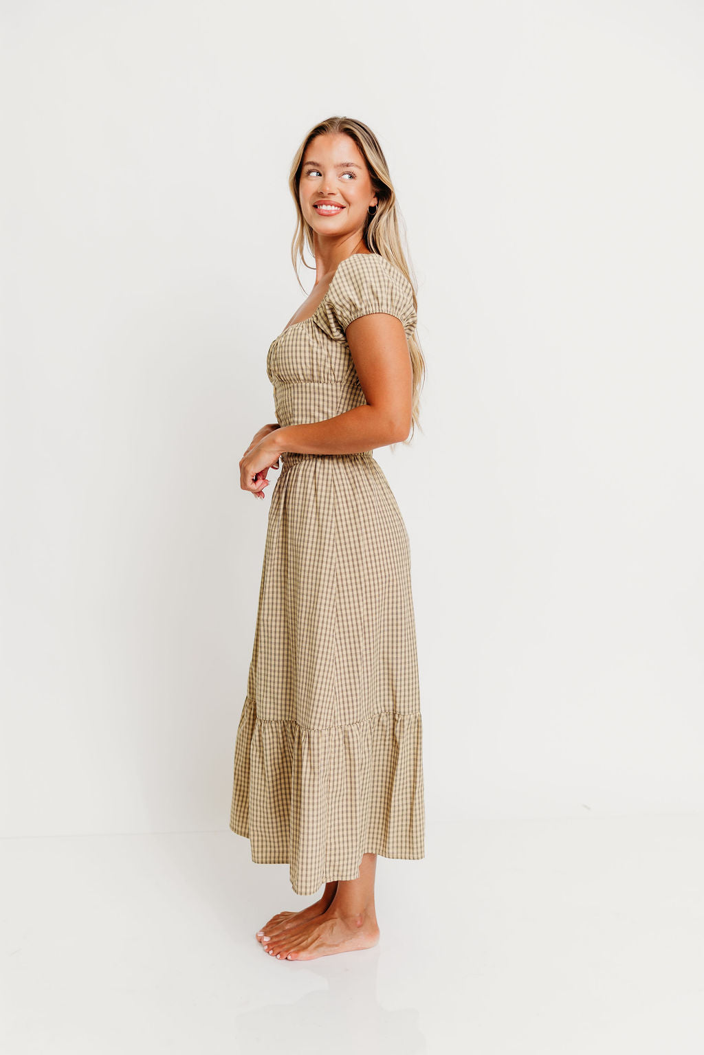 Paulette Plaid Ruffled Hem Maxi Dress in Beige