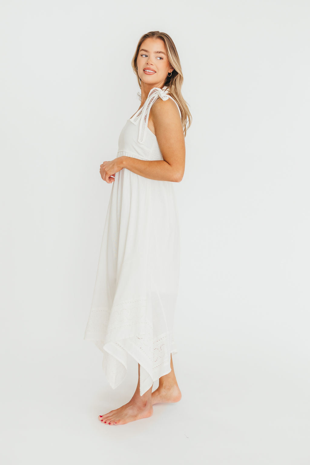 Palmer Asymmetrical Hem Midi Dress in White