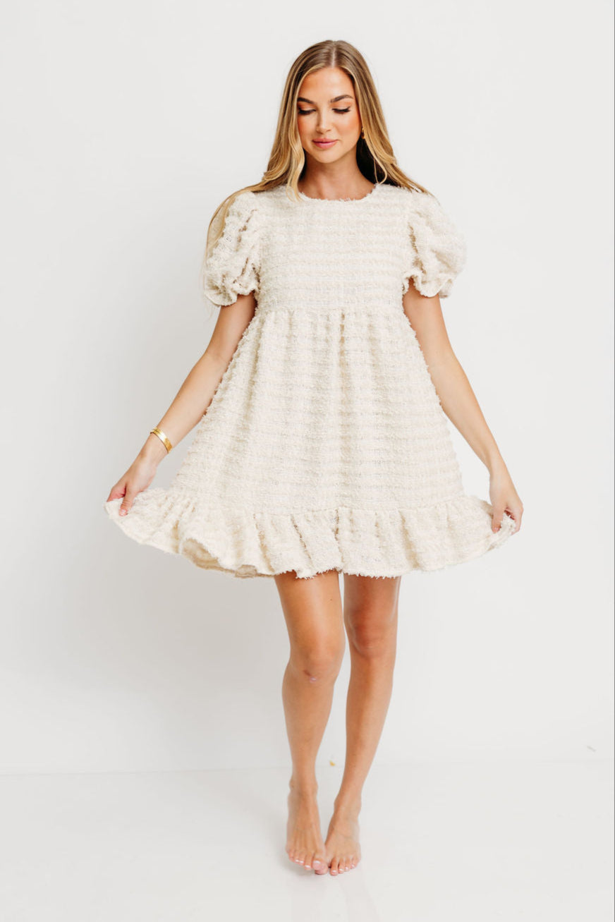 Blair Frayed Puff Sleeve Mini Dress in Cream