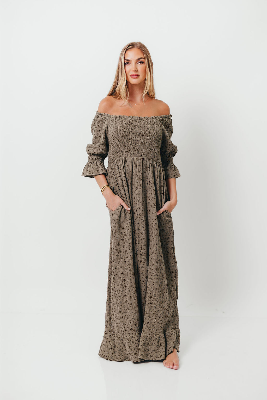 Sienna 100% Cotton Puff Sleeve Maxi Dress in Olive Foliage - Bump Friendly *9/26 PRE-ORDER*