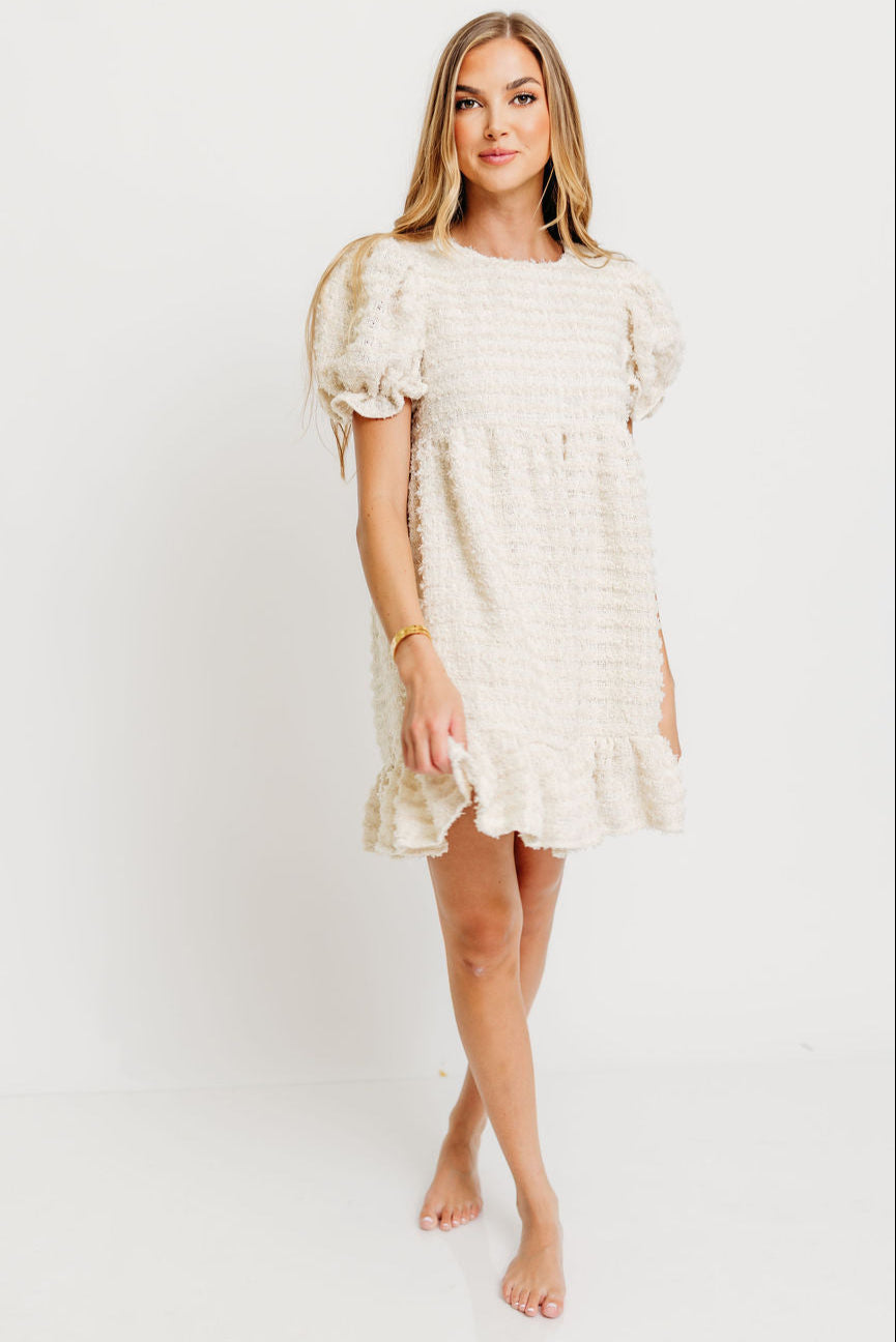 Blair Frayed Puff Sleeve Mini Dress in Cream