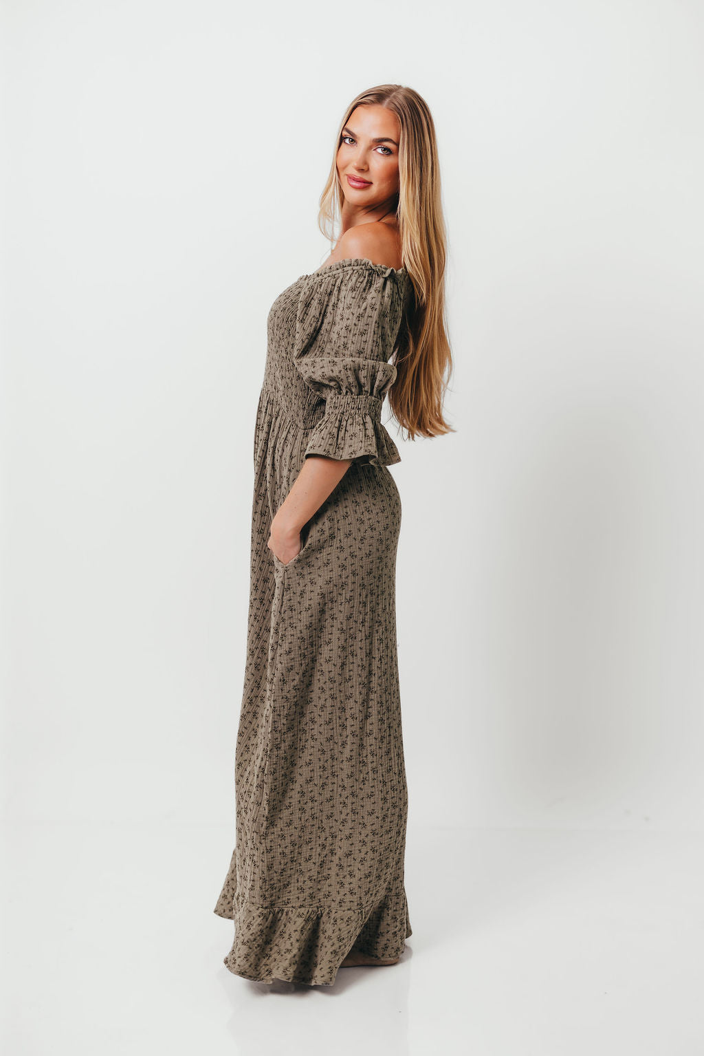 Sienna 100% Cotton Puff Sleeve Maxi Dress in Olive Foliage - Bump Friendly *9/26 PRE-ORDER*