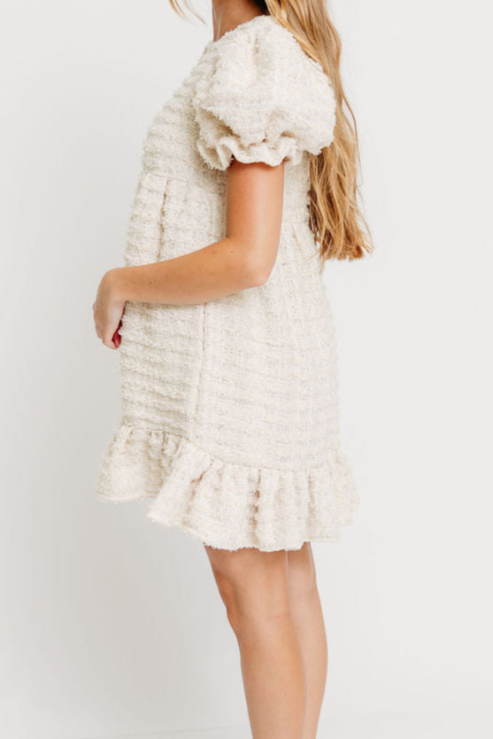 Blair Frayed Puff Sleeve Mini Dress in Cream