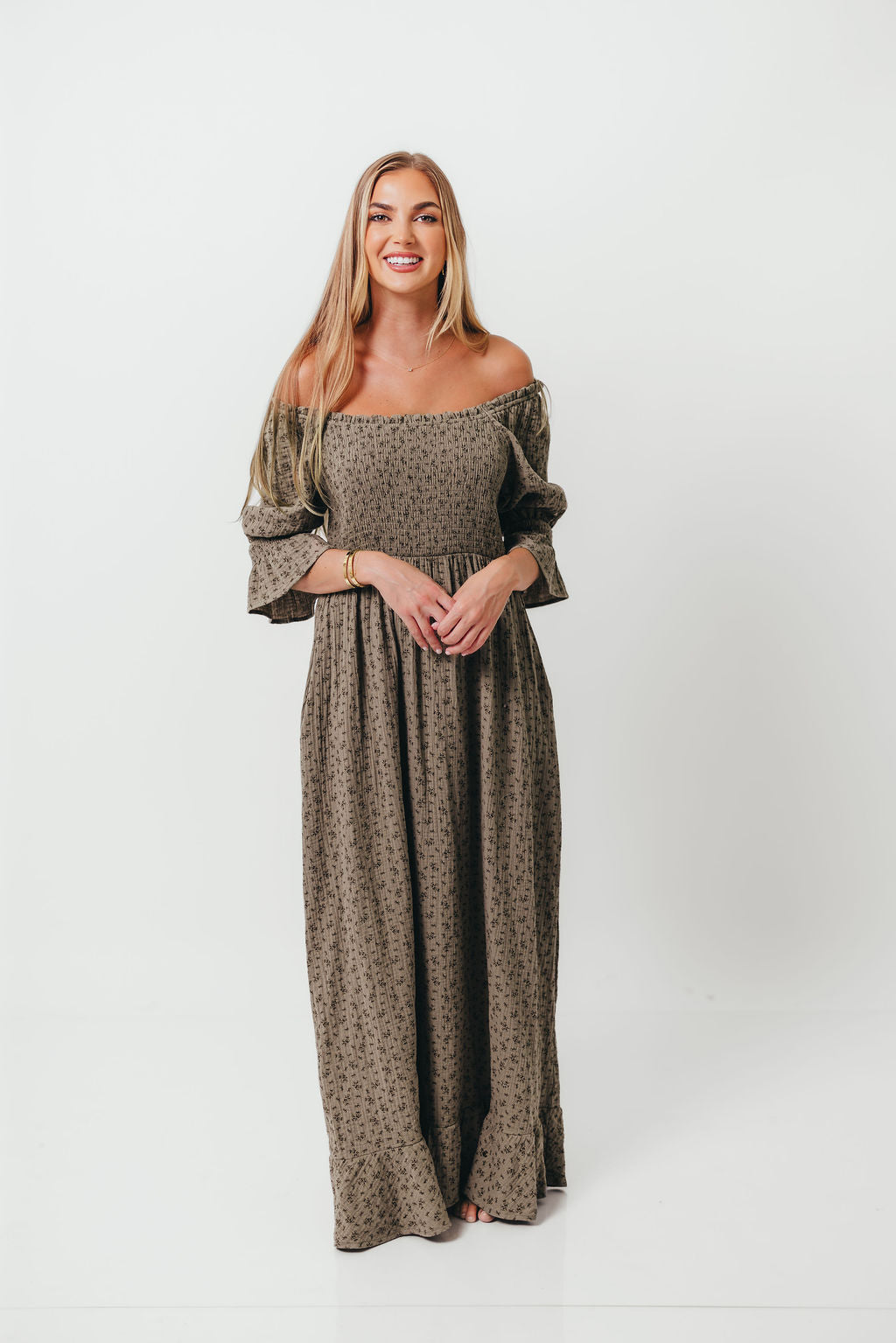 Sienna 100% Cotton Puff Sleeve Maxi Dress in Olive Foliage - Bump Friendly *9/26 PRE-ORDER*