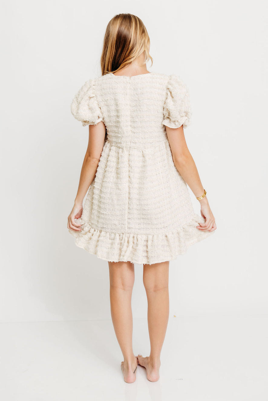 Blair Frayed Puff Sleeve Mini Dress in Cream