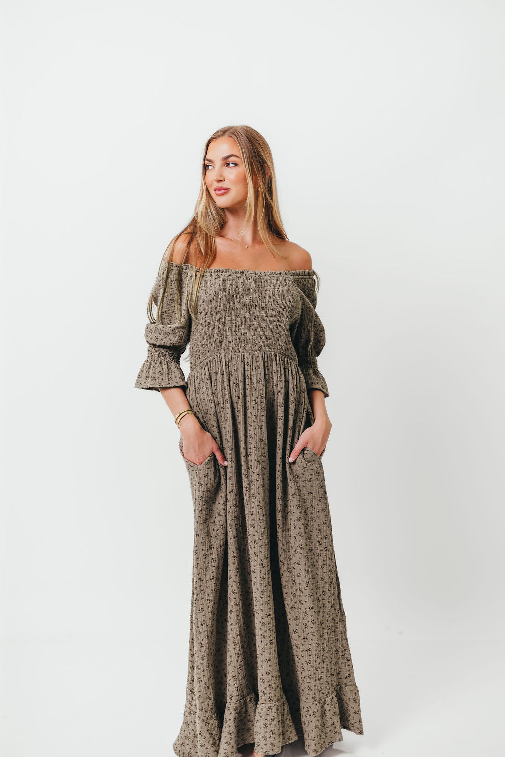 Sienna 100% Cotton Puff Sleeve Maxi Dress in Olive Foliage - Bump Friendly *9/26 PRE-ORDER*