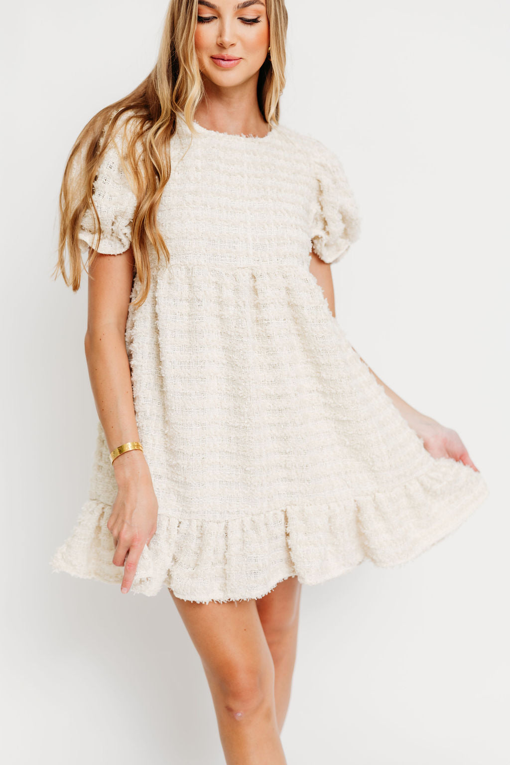 Blair Frayed Puff Sleeve Mini Dress in Cream