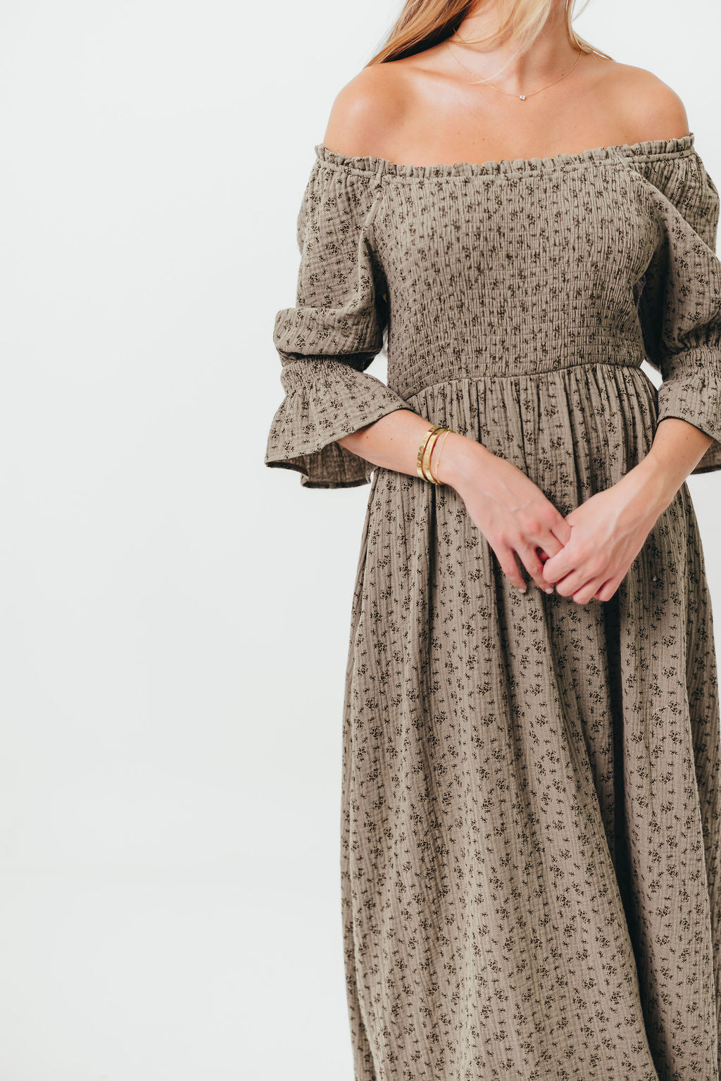 Sienna 100% Cotton Puff Sleeve Maxi Dress in Olive Foliage - Bump Friendly *9/26 PRE-ORDER*