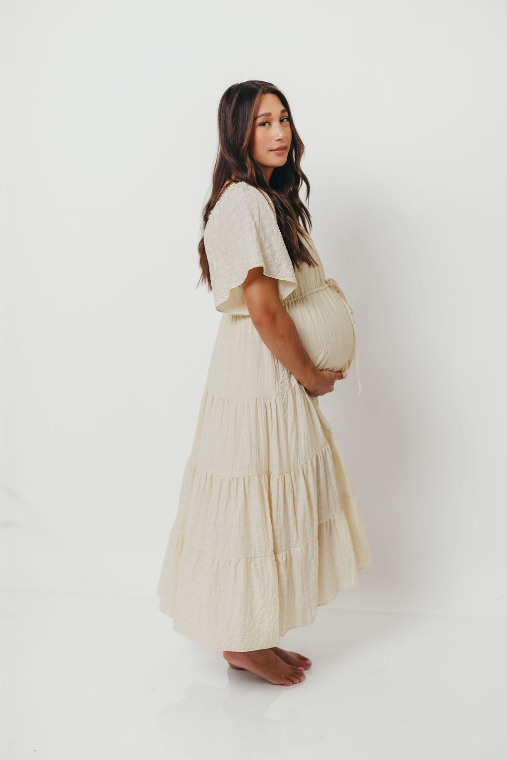 Rumi Woven Sweetheart Maxi Dress in Natural - Bump Friendly - Detachable Liner
