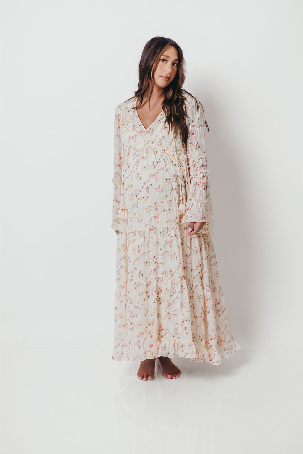 Lisa Woven Floral V-Neck Maxi Dress with Detachable Liner in Cream Multi - Bump Friendly