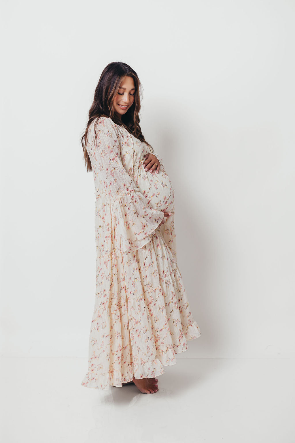 Lisa Woven Floral V-Neck Maxi Dress with Detachable Liner in Cream Multi - Bump Friendly