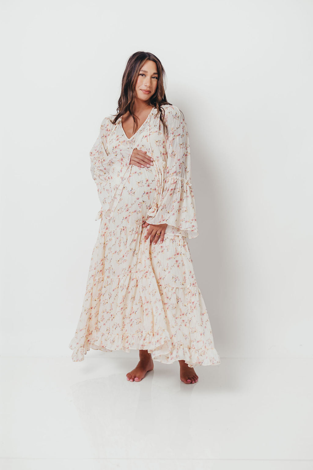 Lisa Woven Floral V-Neck Maxi Dress with Detachable Liner in Cream Multi - Bump Friendly