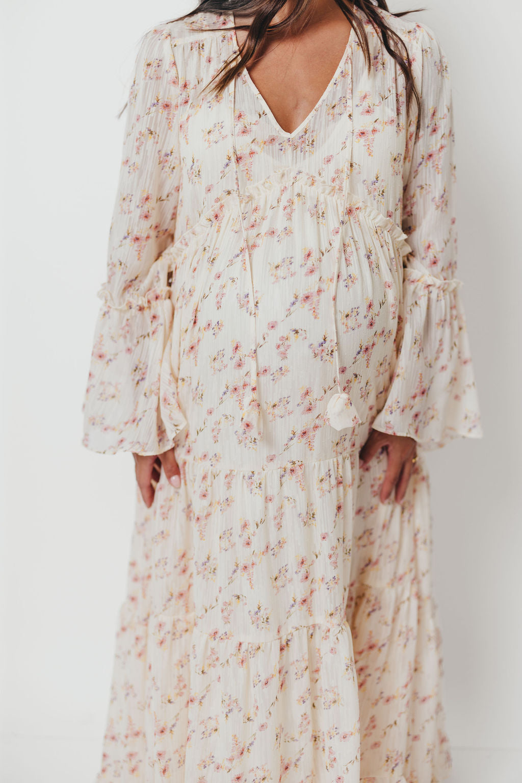 Lisa Woven Floral V-Neck Maxi Dress with Detachable Liner in Cream Multi - Bump Friendly