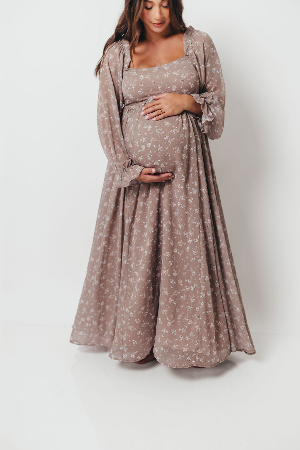 Amy Floral Long Sleeve Maxi Dress in Mocha Multi - Bump Friendly