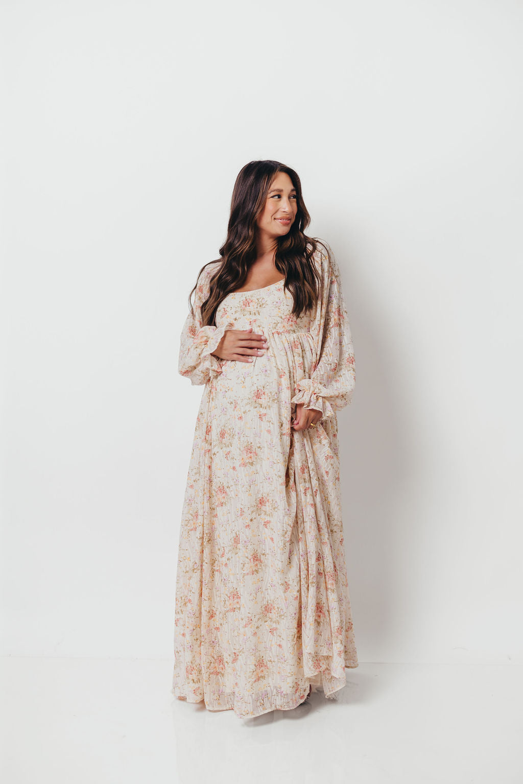 Rosey Woven Floral Print Empire Maxi Dress in Cream Multi - Bump Friendly