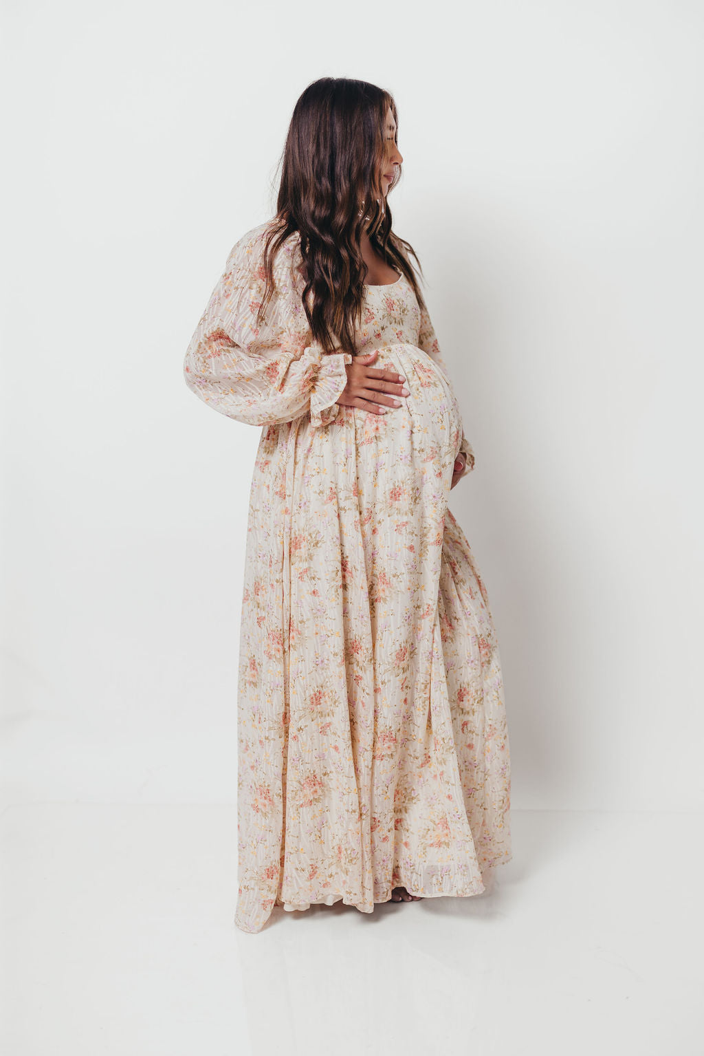Rosey Woven Floral Print Empire Maxi Dress in Cream Multi - Bump Friendly