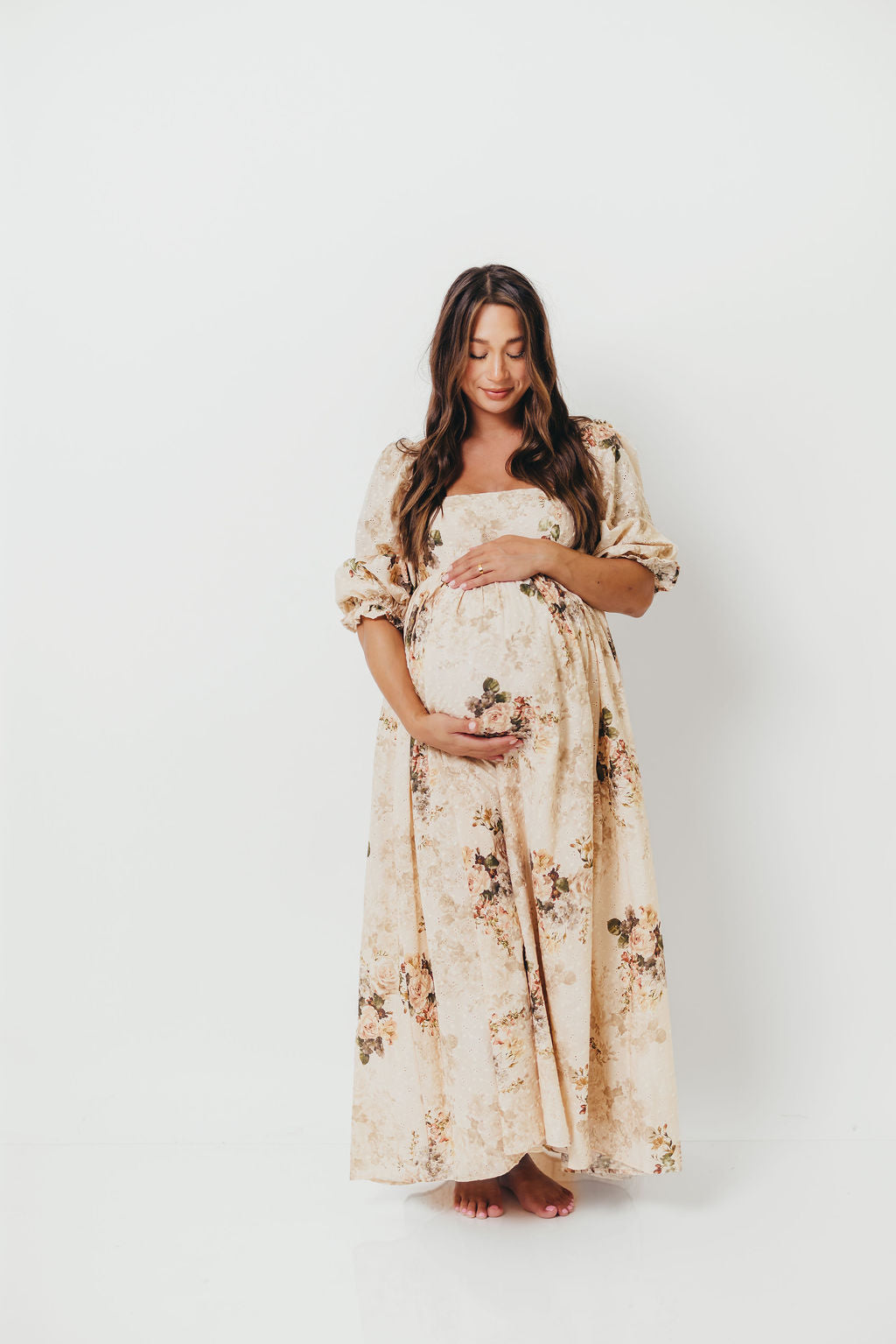 Mona Maxi Dress with Smocking in Cream/Beige Floral - Bump Friendly *9/30 PRE-ORDER*