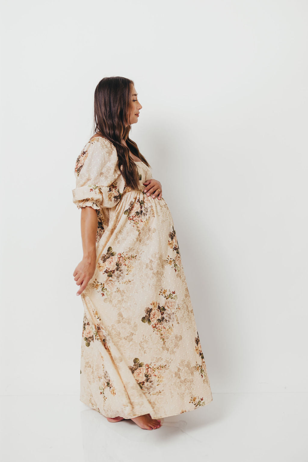 Mona Maxi Dress with Smocking in Cream/Beige Floral - Bump Friendly *9/30 PRE-ORDER*