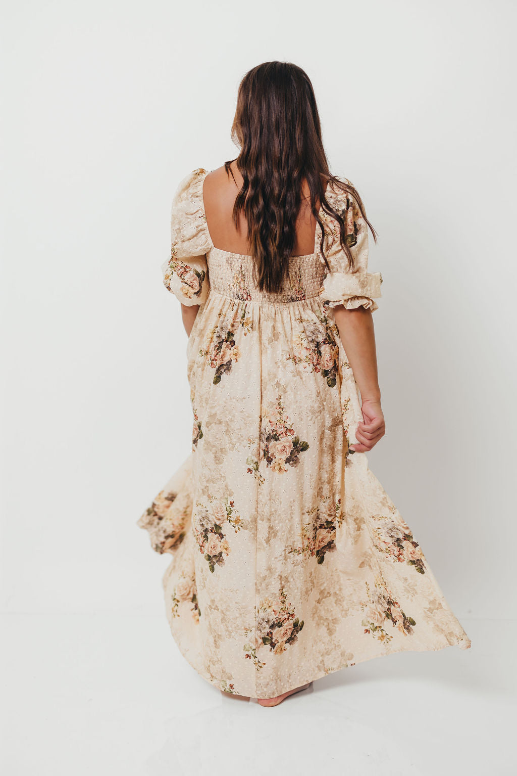 Mona Maxi Dress with Smocking in Cream/Beige Floral - Bump Friendly *9/30 PRE-ORDER*