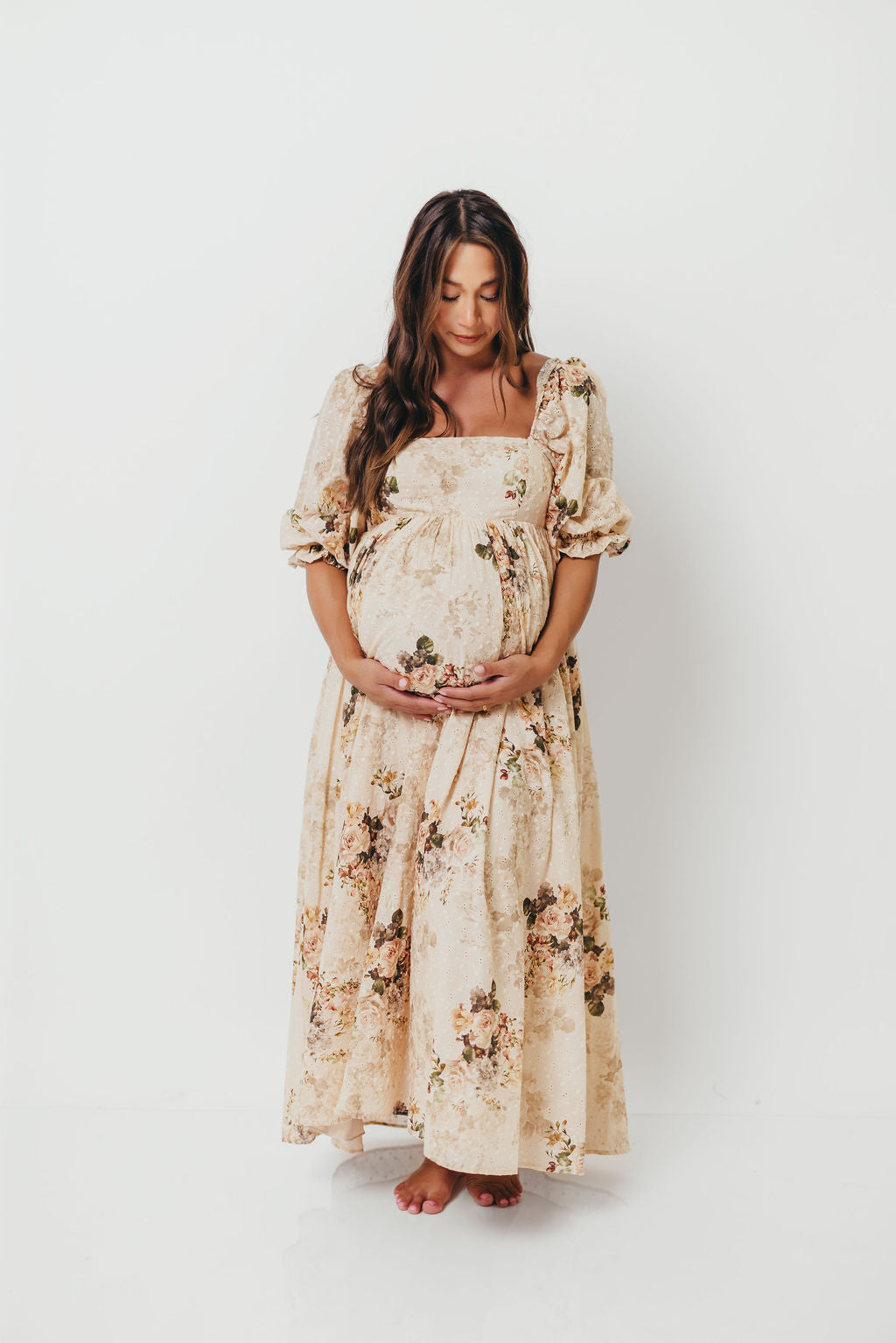 Mona Maxi Dress with Smocking in Cream/Beige Floral - Bump Friendly *9/30 PRE-ORDER*