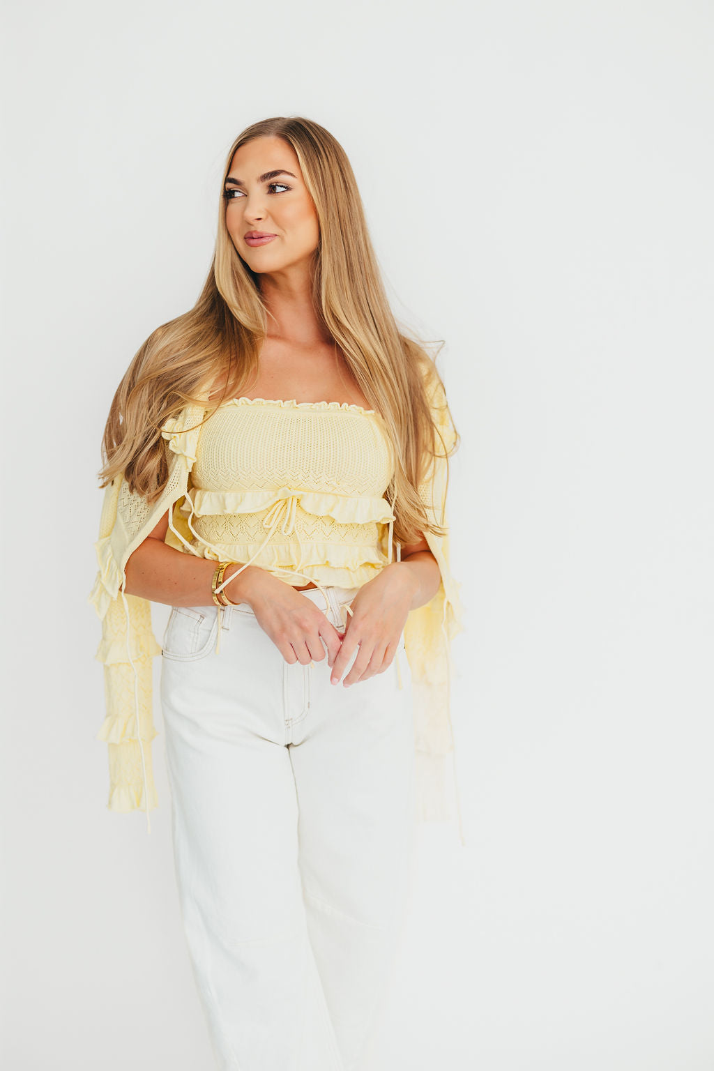 Zayne Cardigan and Strapless Tube Top and Sweater Set in Yellow